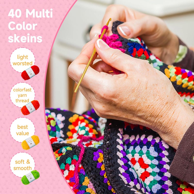 INSCRAFT 48 PCS Crochet Yarn Kit, 1400 Yards 40 Colors Acrylic Yarn Skeins, 2 Crochet Hooks, 2 Weaving Needles, 4 Stitch Markers, 1 Bag, for Crocheting & Knitting, Gift for Beginners and Adults - Image 5